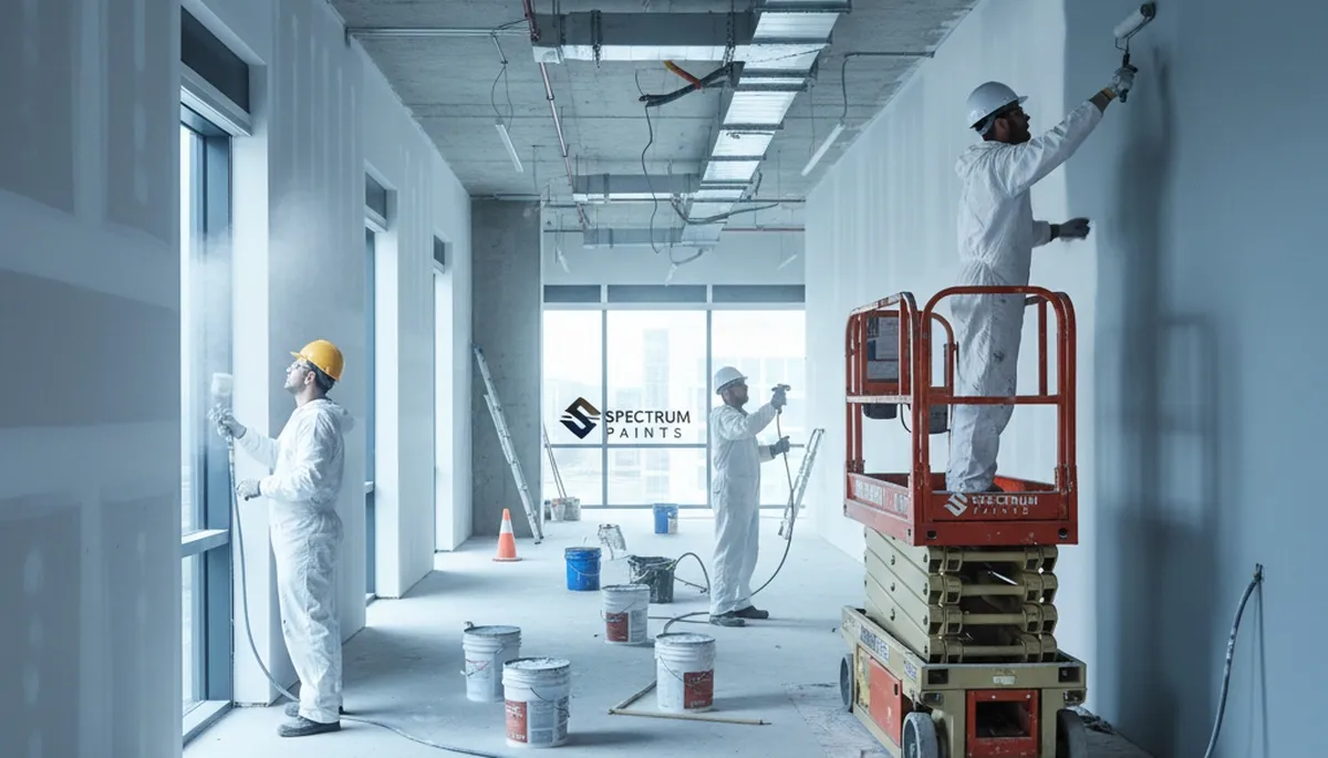 Commercial painting crew applying durable finish on Milwaukee, WI business exterior