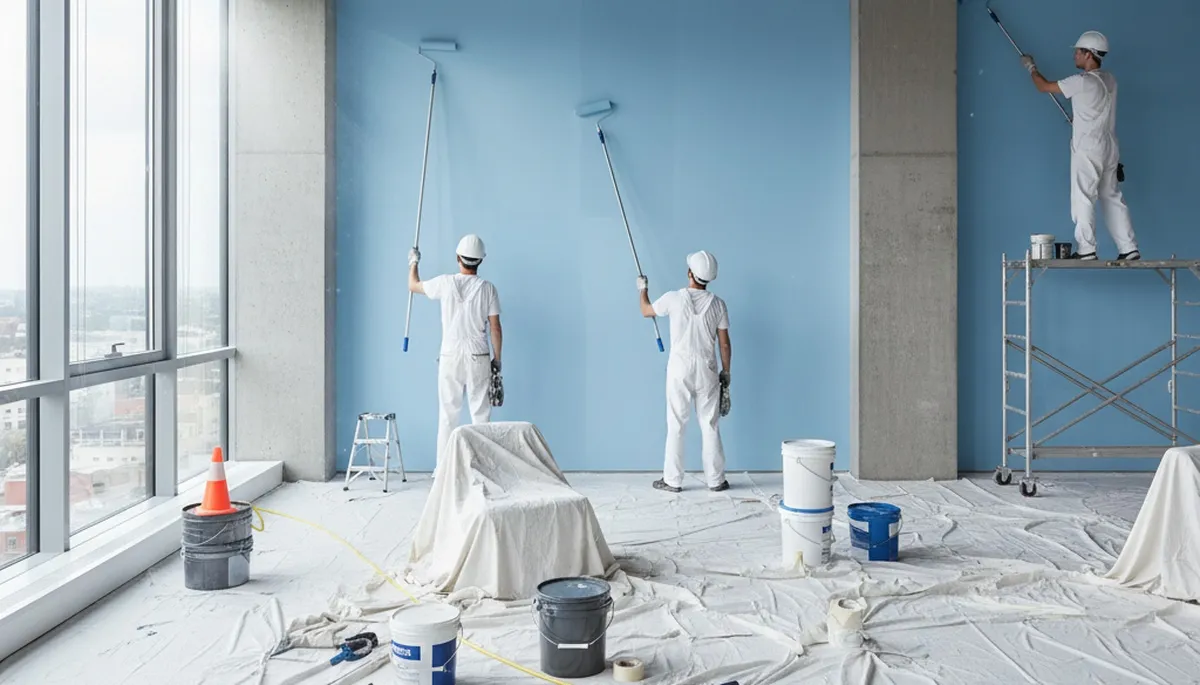 Commercial painting crew in Milwaukee, WI applying durable exterior finish to a commercial building