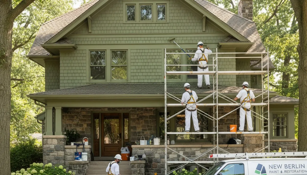 Painting contractors in Milwaukee, WI preparing a home exterior for professional repainting